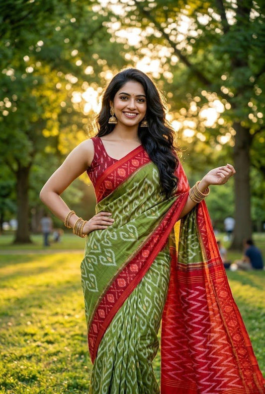 Olive and Red Ikat Linen Saree with Contrast Printed Pallu | Handwoven Tradition | Premium Collection