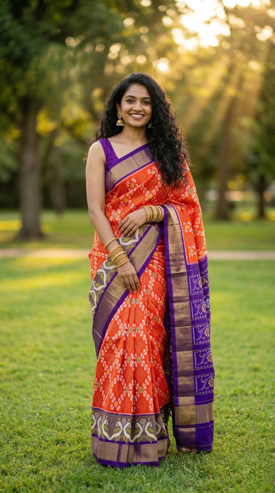 Orange Bentex Handloom Silk Saree with Purple Temple Border | Premium Collection