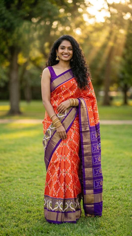 Orange Bentex Handloom Silk Saree with Purple Temple Border | Premium Collection
