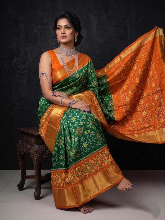 Orange Green Temple Border Handloom Kotha Silk Saree | Premium Collection
