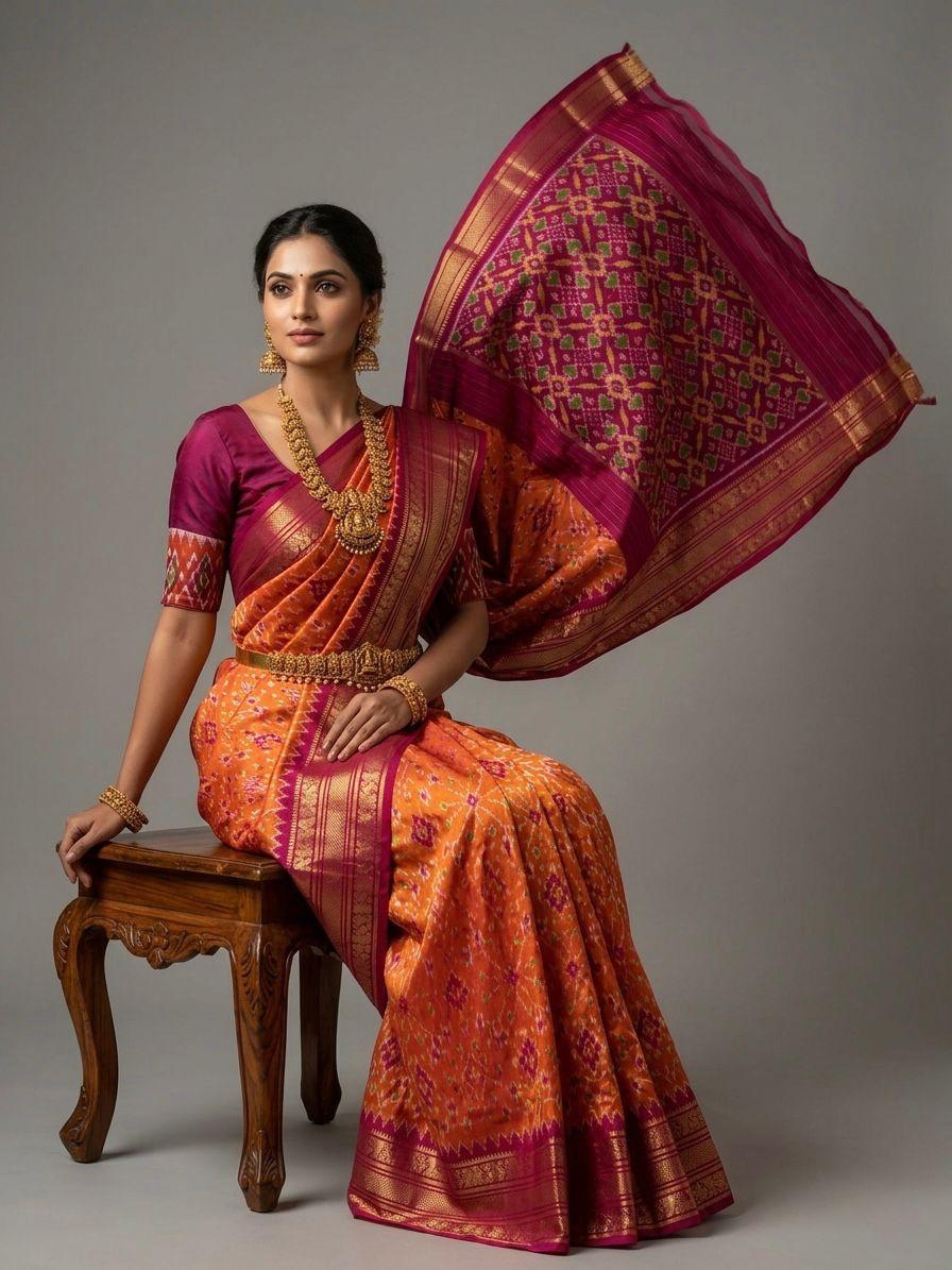 Orange Handloom Pattu Silk Saree with Pink Traditional Zari Border | Premium Collection