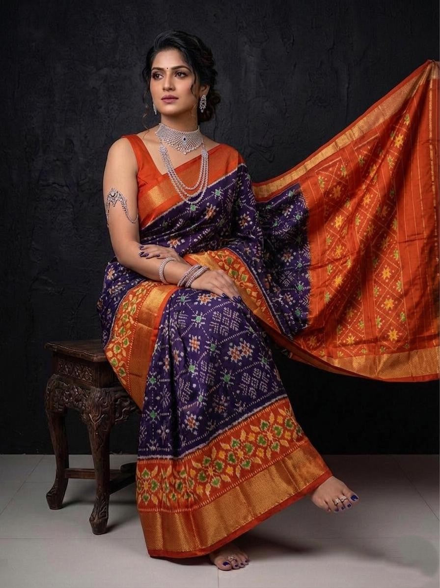 Orange Navy Blue Traditional Handloom Kotha Silk Saree | Premium Collection
