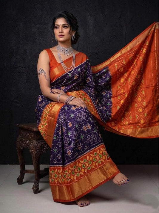 Orange Navy Blue Traditional Handloom Kotha Silk Saree | Premium Collection