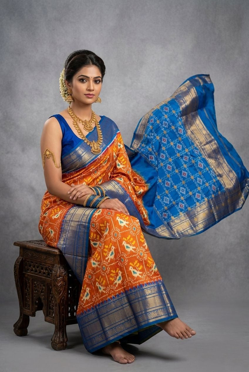 Orange and Blue Bentex Handloom Silk Saree with Elegant Zari Border | Premium Collection