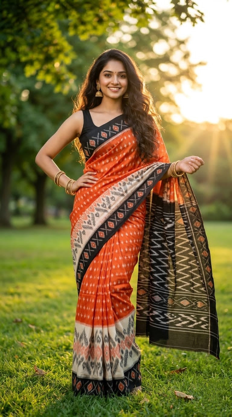 Orange and Brown Buta Linen Saree with Dark Border | Warm Festive Collection | Premium Collection