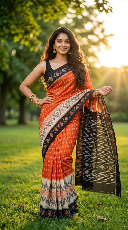Orange and Brown Buta Linen Saree with Dark Border | Warm Festive Collection | Premium Collection