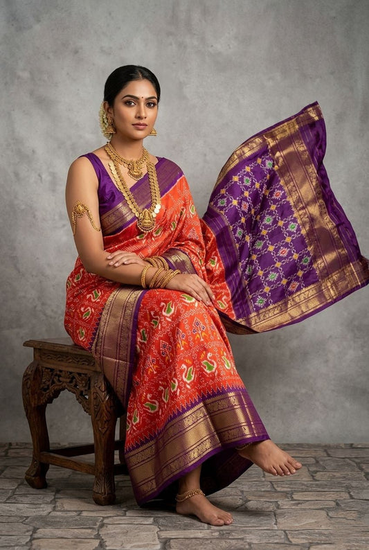 Orange and Purple Bentex Handloom Silk Saree with Traditional Banarasi Weaving | Premium Collection