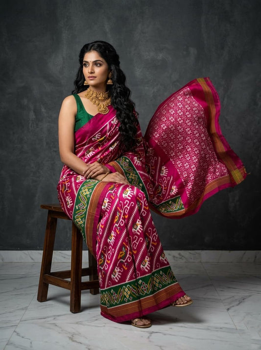 Pink Barista Soft Silks Saree with Green Traditional Ethnic Border | Premium Collection