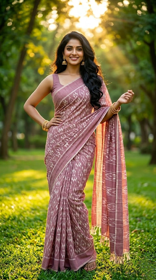 Pink Floral Linen Saree with Gold Border | Delicate Feminine Festive Wear | Premium Collection