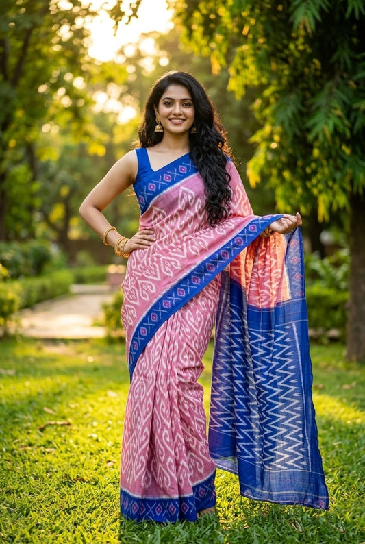 Pink Floral Printed Linen Saree with Peach Pallu | Soft Elegant Festive Drape | Premium Collection