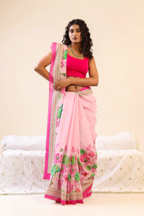 Baby Pink Lotus Floral Digital Print Linen Saree – Sanskriti Saree