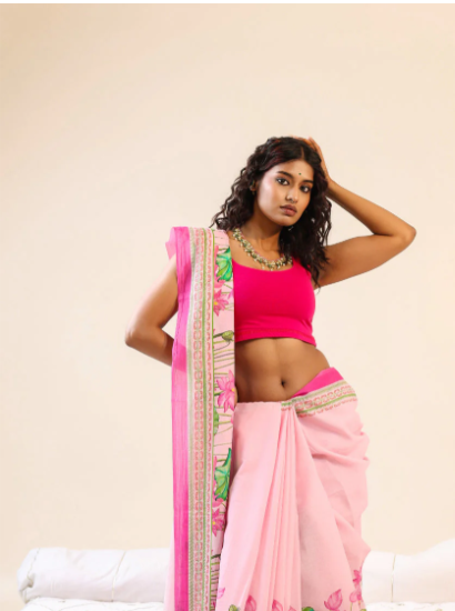 Baby Pink Lotus Floral Digital Print Linen Saree – Sanskriti Saree