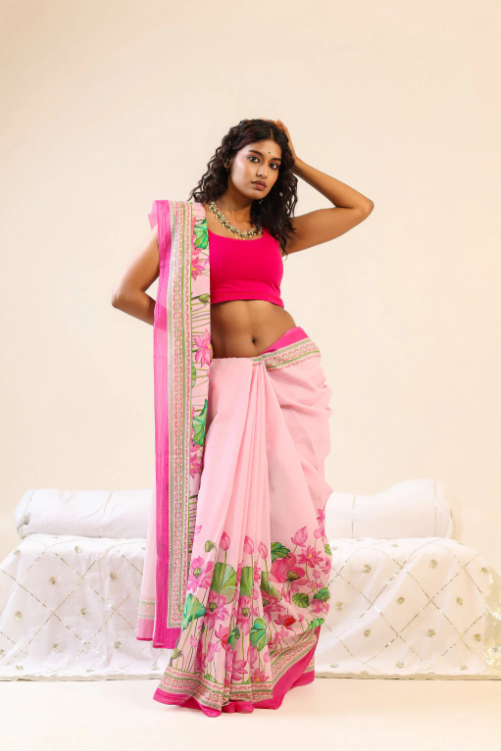 Baby Pink Lotus Floral Digital Print Linen Saree – Sanskriti Saree