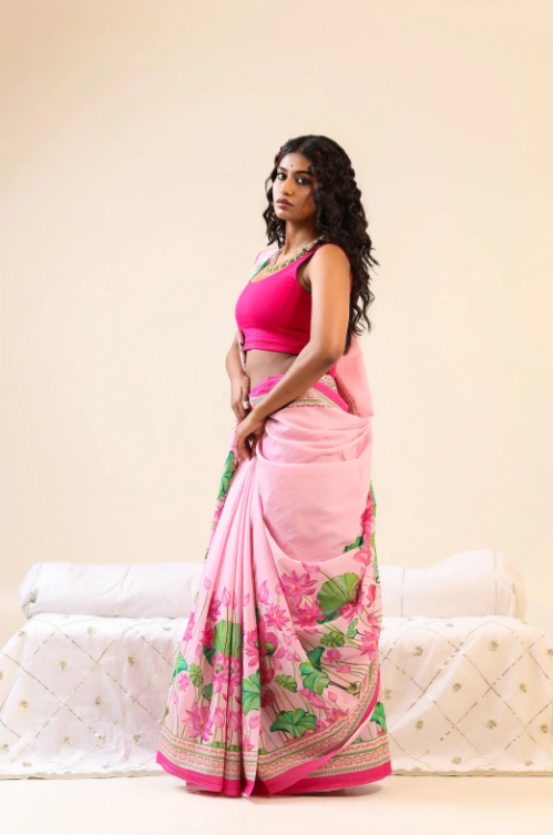 Baby Pink Lotus Floral Digital Print Linen Saree – Sanskriti Saree