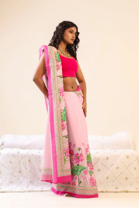 Baby Pink Lotus Floral Digital Print Linen Saree – Sanskriti Saree