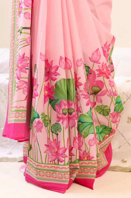 Baby Pink Lotus Floral Digital Print Linen Saree – Sanskriti Saree