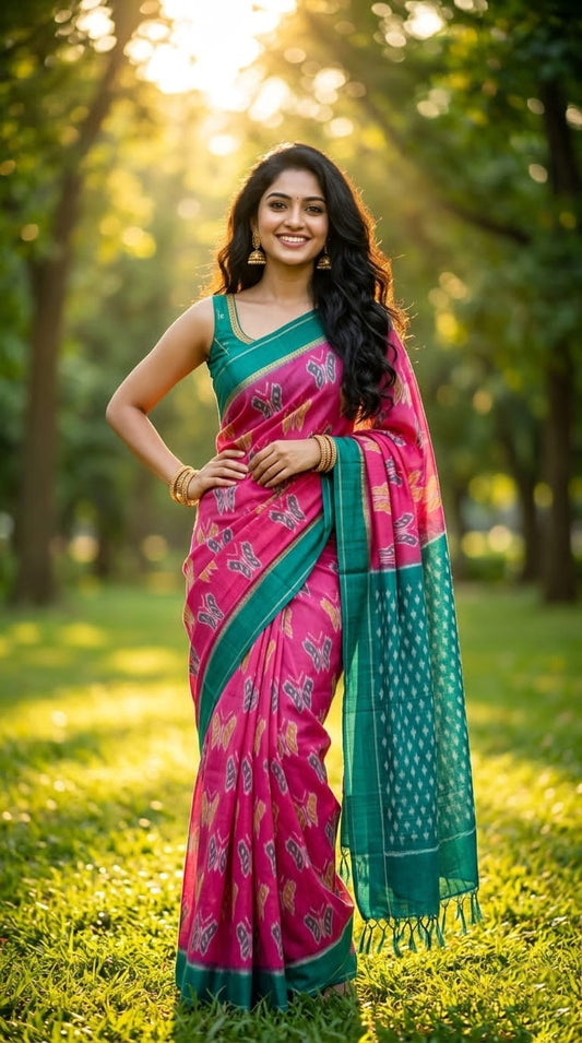 Pink and Teal Printed Linen Saree with Border Work | Festive Casual Wear | Premium Collection