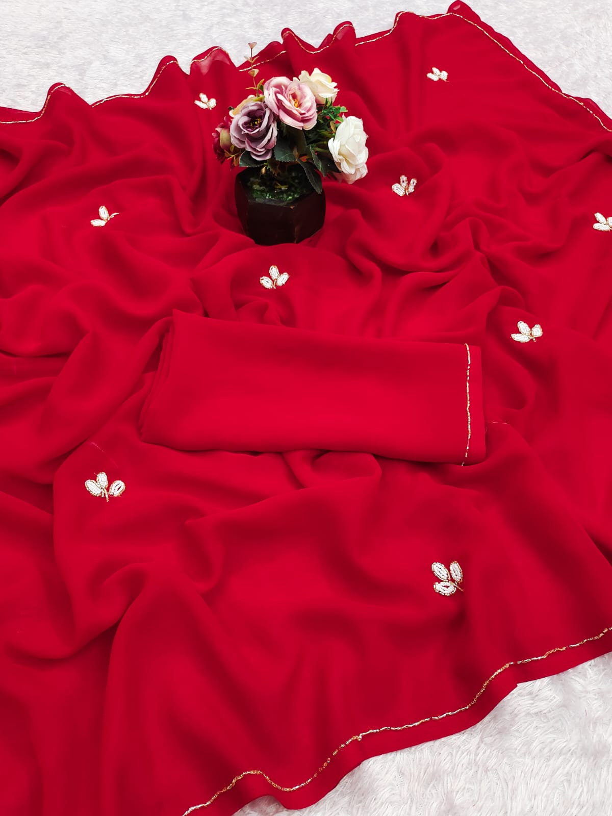 Red Soft Georgette Saree with Cut Dana Work