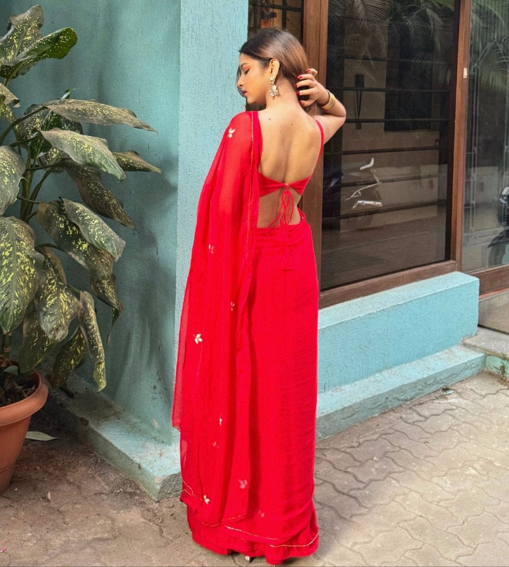 Red Soft Georgette Saree with Cut Dana Work