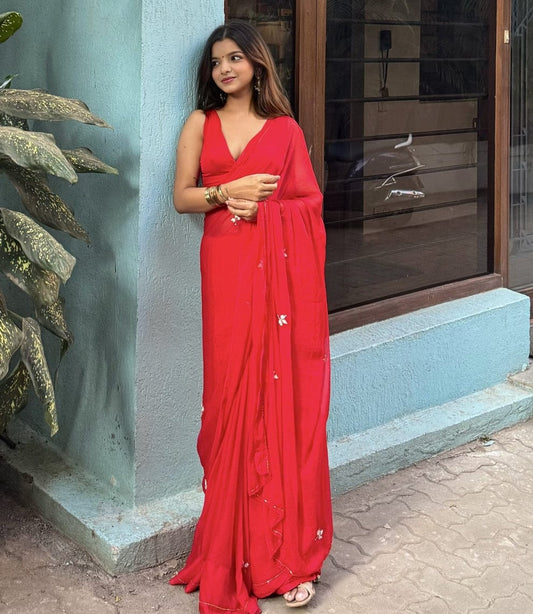 Red Soft Georgette Saree with Cut Dana Work