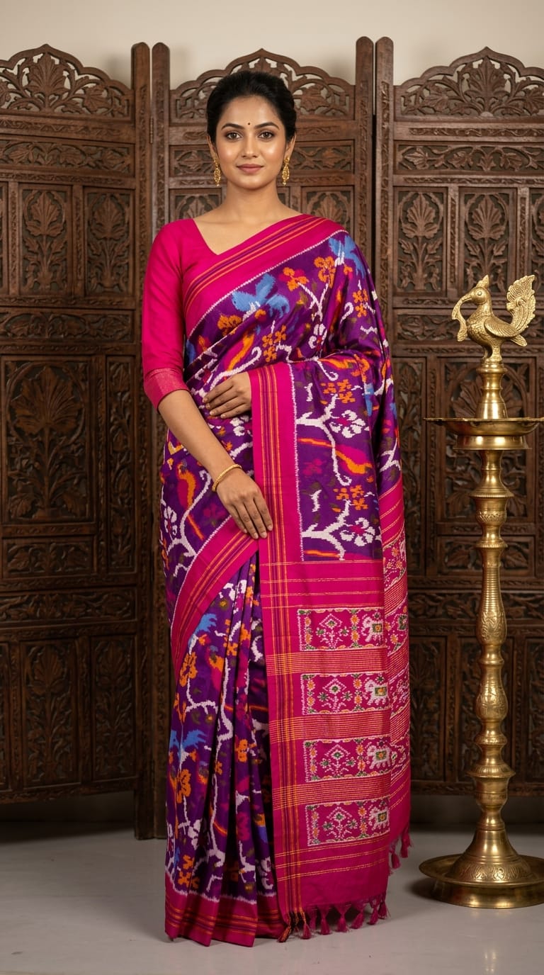 Purple Barista Soft Silks Saree with Pink Artistic Printed Border | Premium Collection