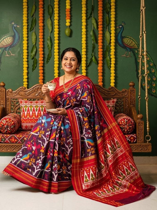 Purple Barista Soft Silks Saree with Red Floral Artistic Print | Premium Collection