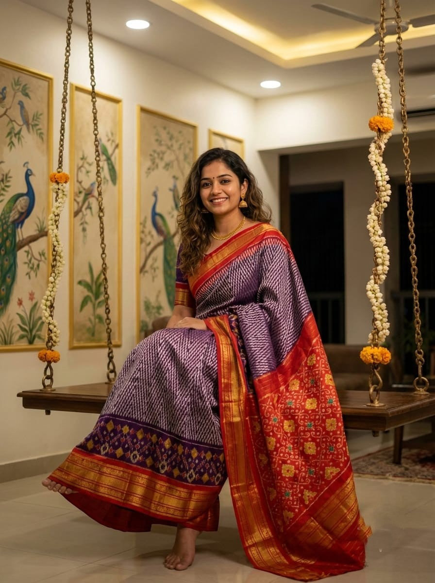 Purple Handloom Pattu Silk Saree with Orange Traditional Zari Pallu | Premium Collection