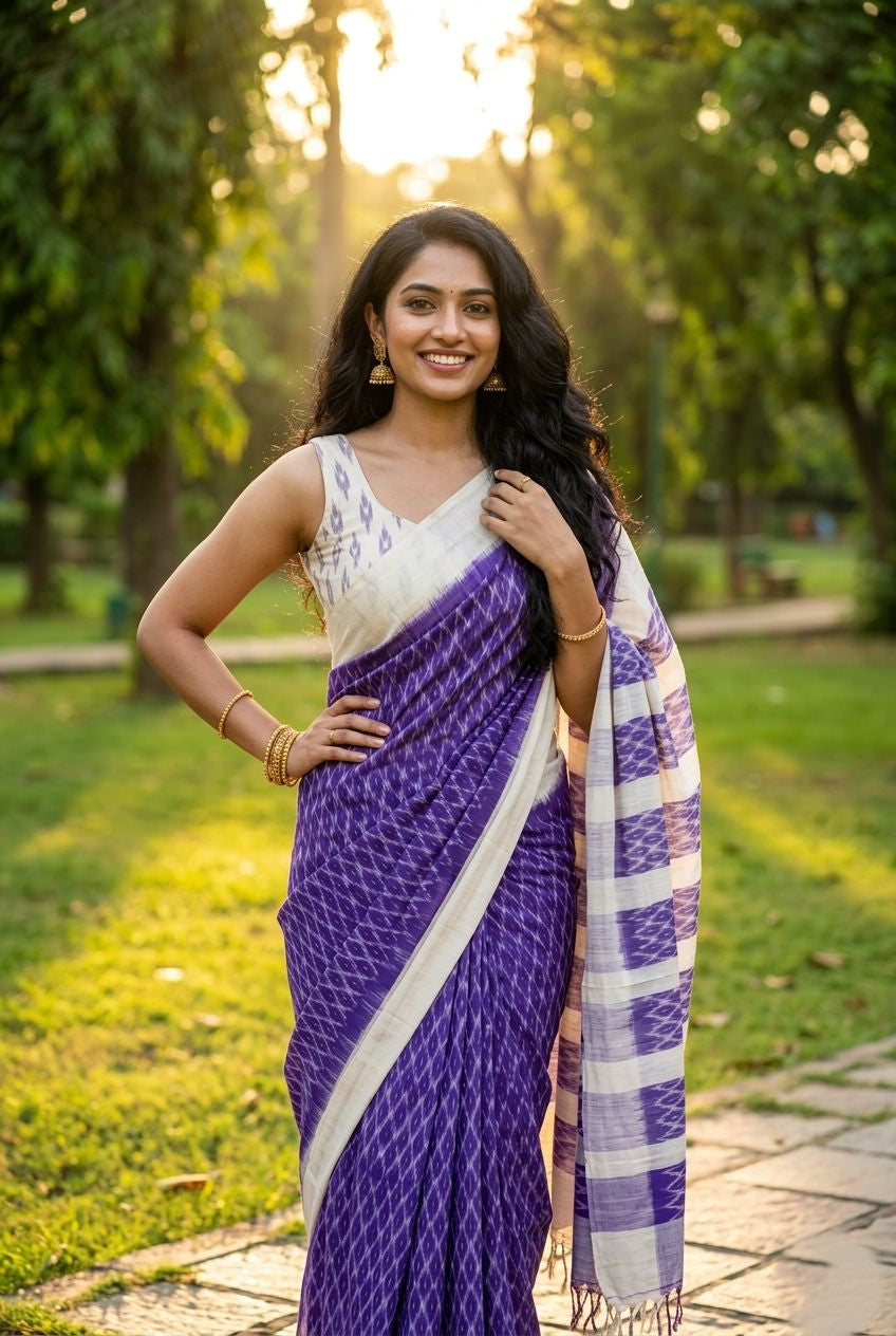 Purple Printed Linen Saree with Striped Pallu | Elegant Festive Saree | Premium Collection