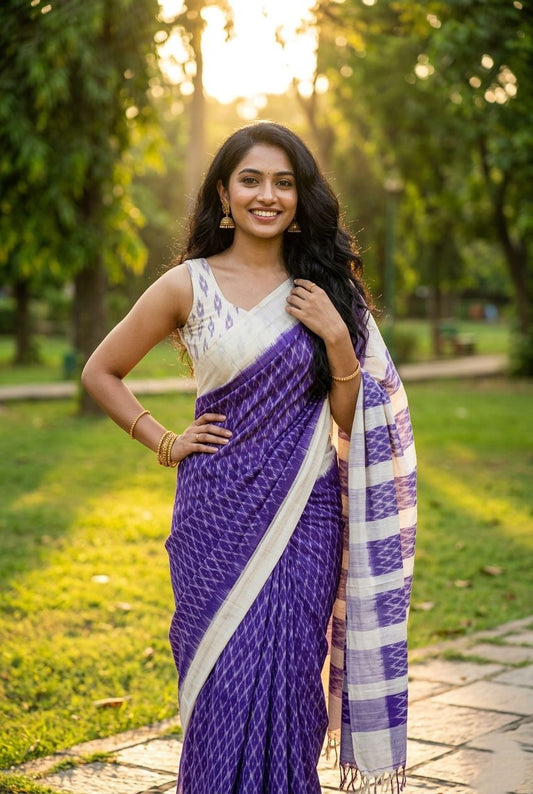 Purple Printed Linen Saree with Striped Pallu | Elegant Festive Saree | Premium Collection