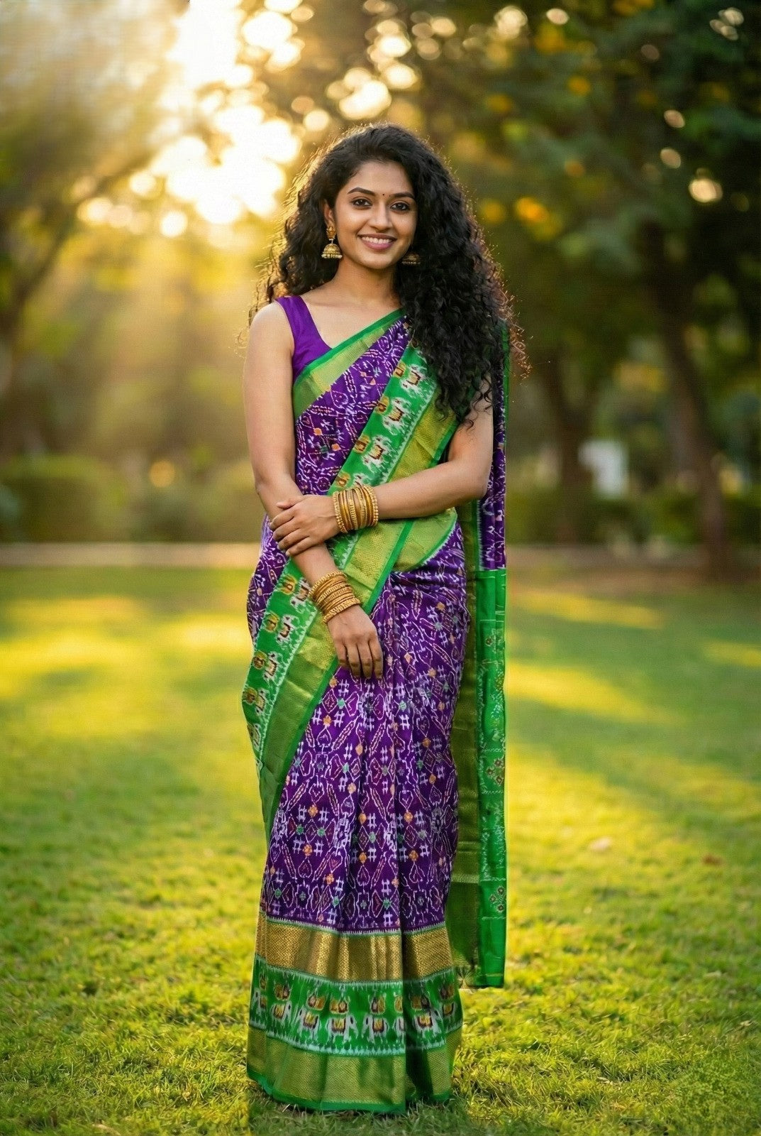 Purple and Green Bentex Handloom Silk Saree with Designer Temple Border | Premium Collection