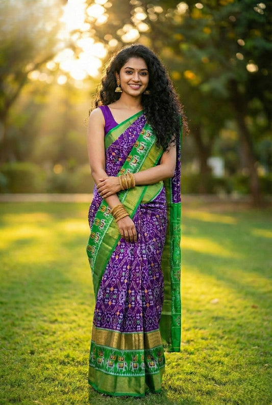Purple and Green Bentex Handloom Silk Saree with Designer Temple Border | Premium Collection