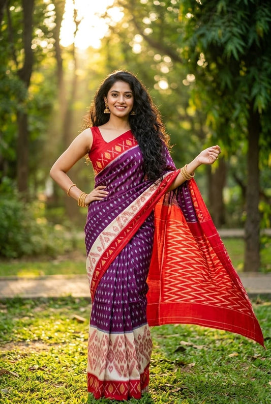 Purple and Red Ikat Linen Saree with Floral Pallu | Vibrant Traditional Drape | Premium Collection