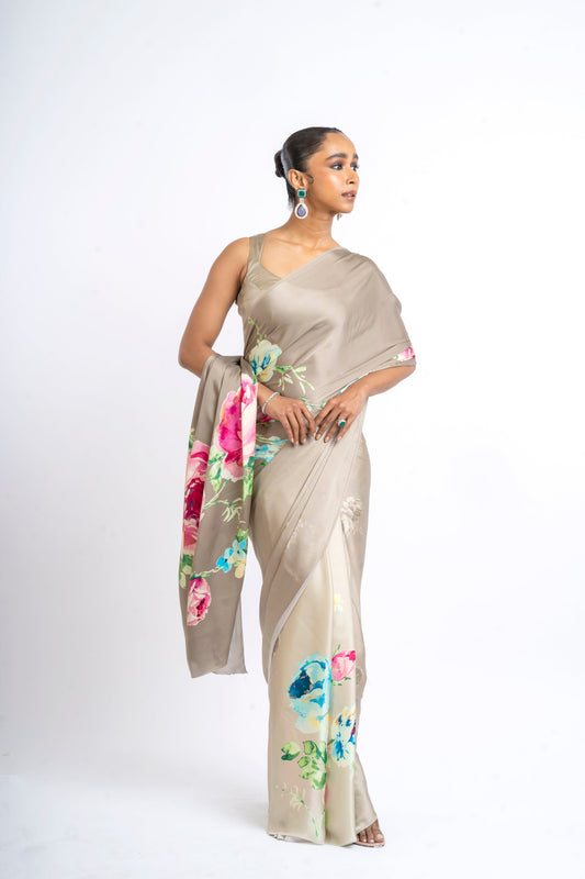 Buy Shyla Taupe Satin Silk Saree Online in India | Premvastra | Premium Collection