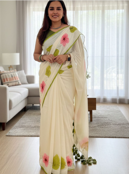 Off-White Hibiscus Floral Block Print Linen Saree – Sanskriti Saree