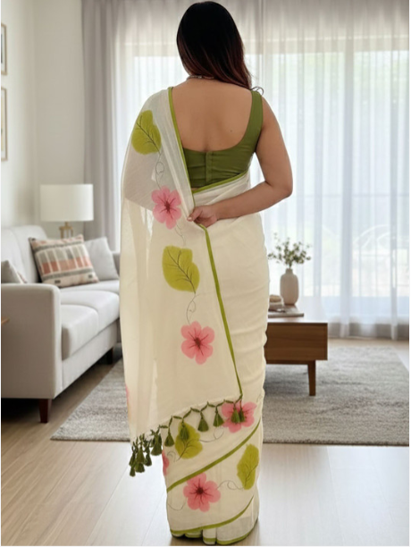 Off-White Hibiscus Floral Block Print Linen Saree – Sanskriti Saree