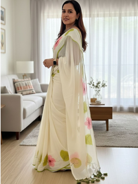 Off-White Hibiscus Floral Block Print Linen Saree – Sanskriti Saree