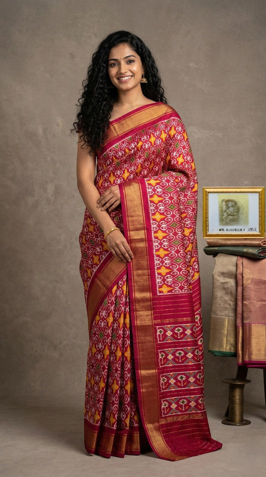 Red Bentex Handloom Silk Saree with Golden Ethnic Woven Design | Premium Collection