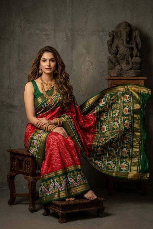 Red and Green Bentex Handloom Silk Saree with Royal Traditional Pallu | Premium Collection