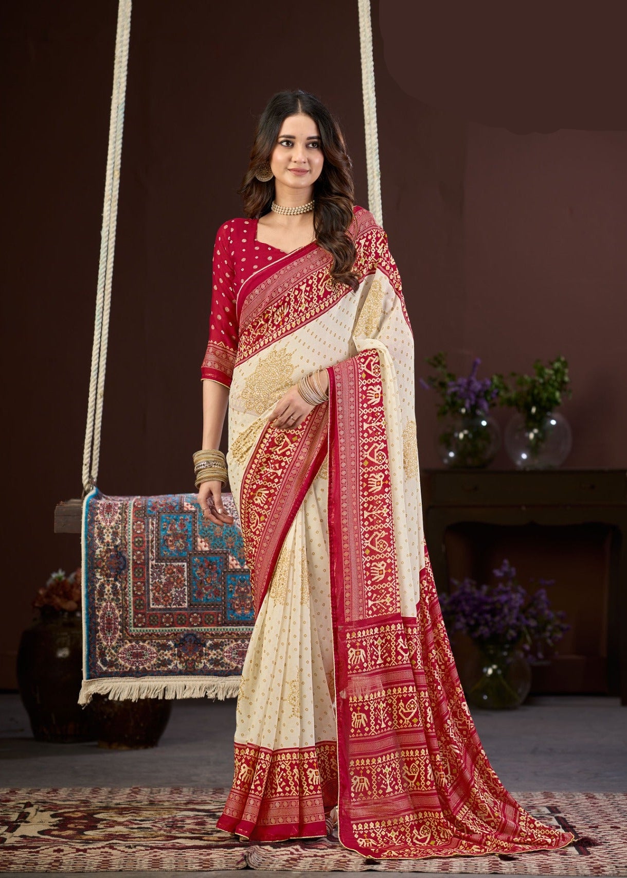 Cream and Red Royal Bandhej Satin Saree with Zari Weaving Border and Blouse – Sanskriti Saree