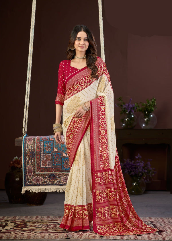 Cream and Red Royal Bandhej Satin Saree with Zari Weaving Border and Blouse – Sanskriti Saree