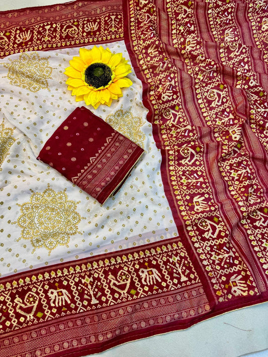 Cream and Red Royal Bandhej Satin Saree with Zari Weaving Border and Blouse – Sanskriti Saree
