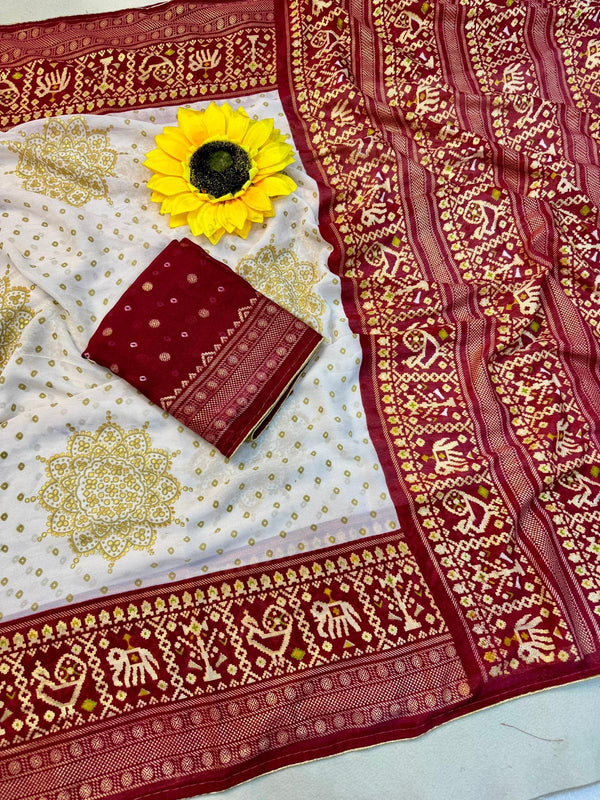 Cream and Red Royal Bandhej Satin Saree with Zari Weaving Border and Blouse – Sanskriti Saree