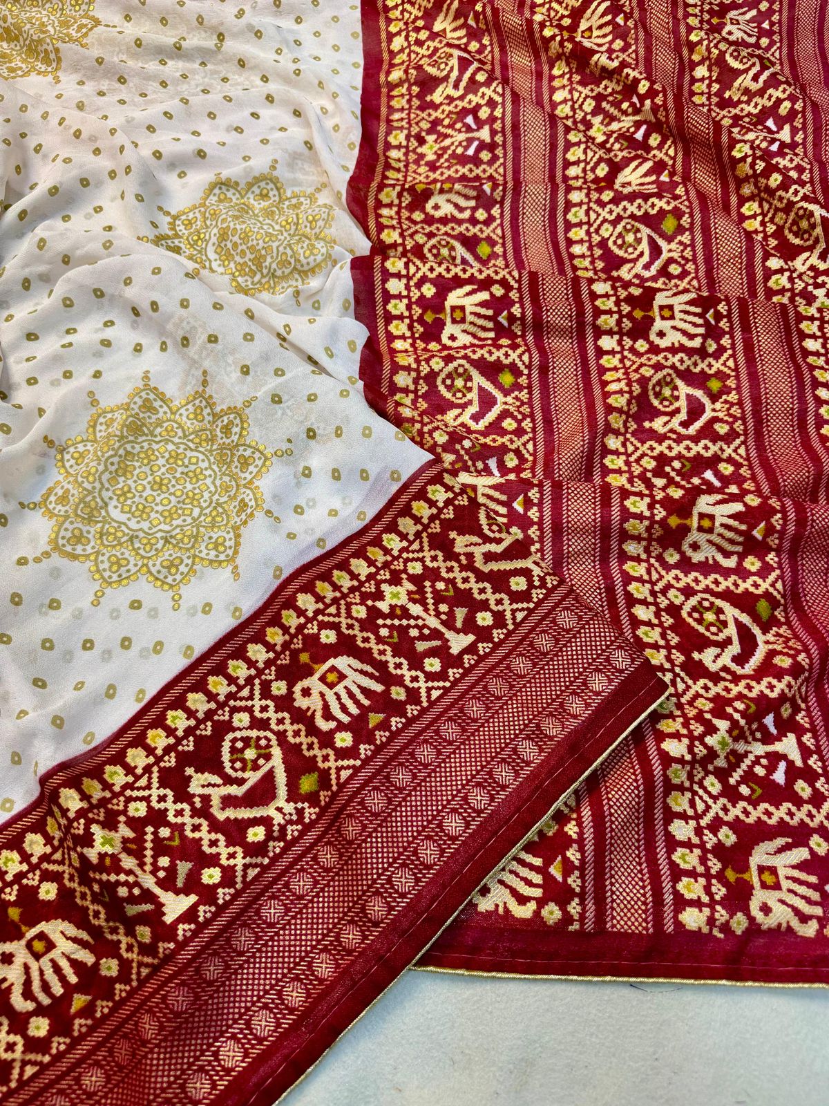Cream and Red Royal Bandhej Satin Saree with Zari Weaving Border and Blouse – Sanskriti Saree