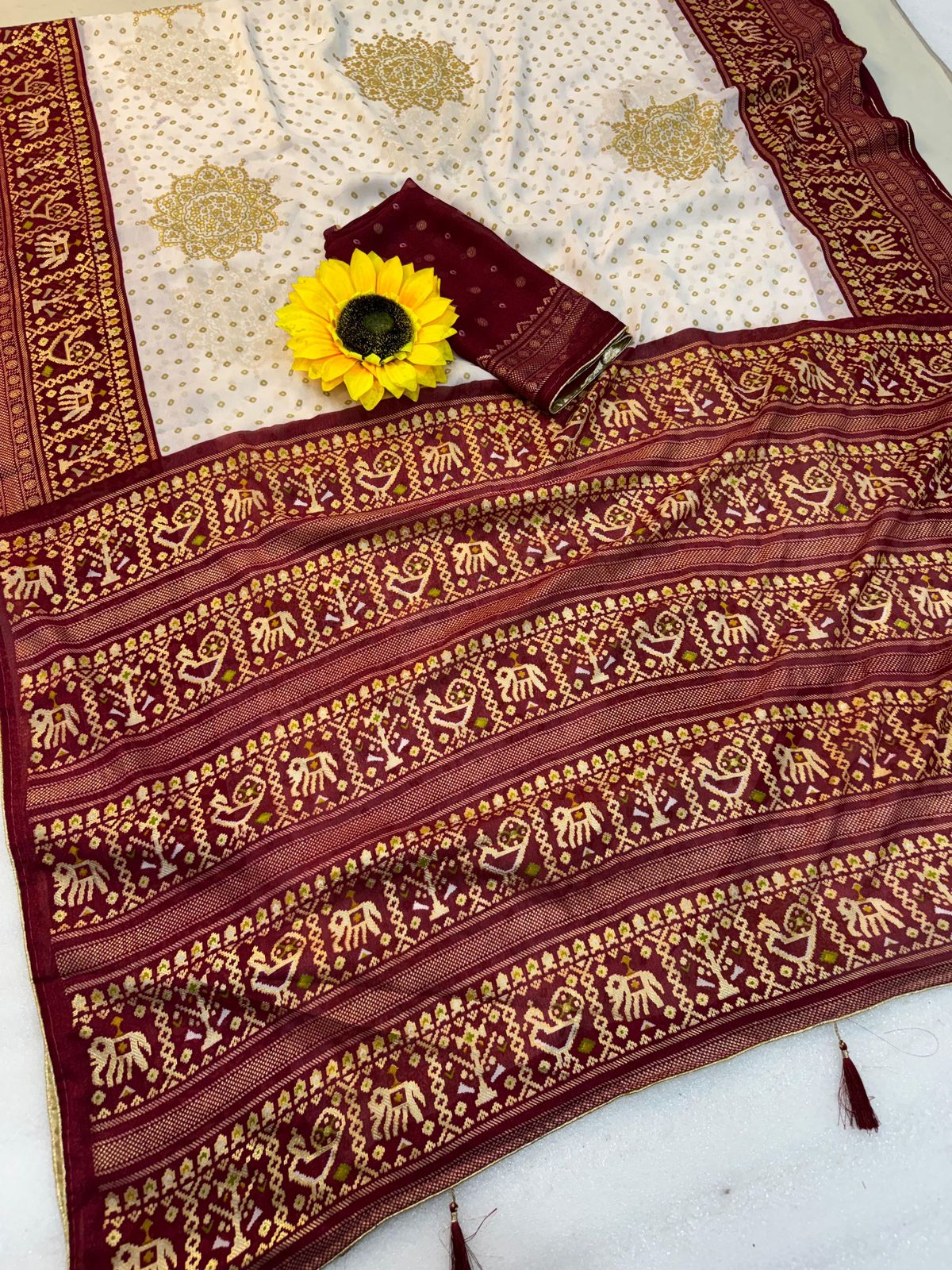 Cream and Red Royal Bandhej Satin Saree with Zari Weaving Border and Blouse – Sanskriti Saree