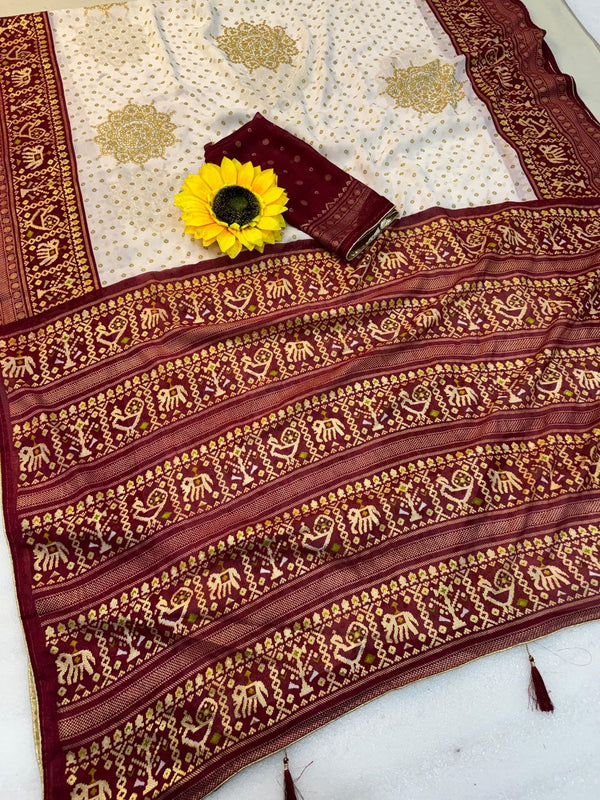 Cream and Red Royal Bandhej Satin Saree with Zari Weaving Border and Blouse – Sanskriti Saree