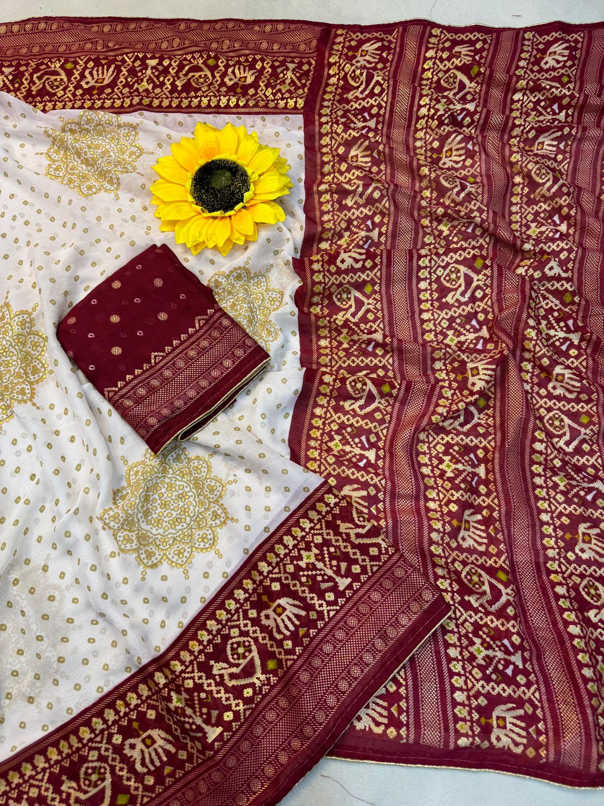 Cream and Red Royal Bandhej Satin Saree with Zari Weaving Border and Blouse – Sanskriti Saree