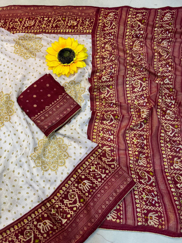 Cream and Red Royal Bandhej Satin Saree with Zari Weaving Border and Blouse – Sanskriti Saree