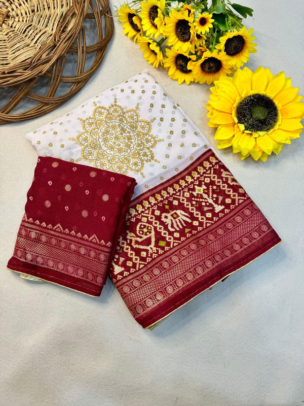 Cream and Red Royal Bandhej Satin Saree with Zari Weaving Border and Blouse – Sanskriti Saree