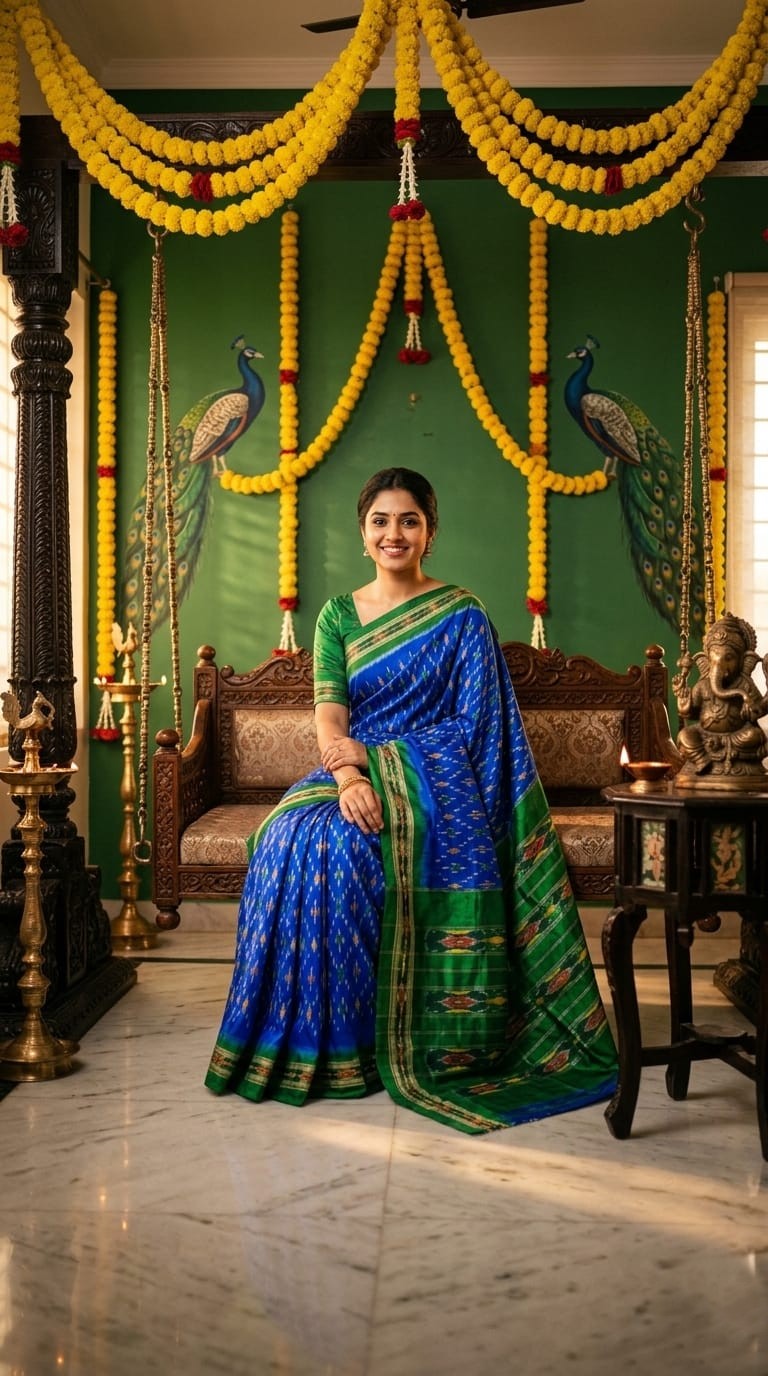 Royal Blue Barista Soft Silks Saree with Green Traditional Ethnic Border | Premium Collection