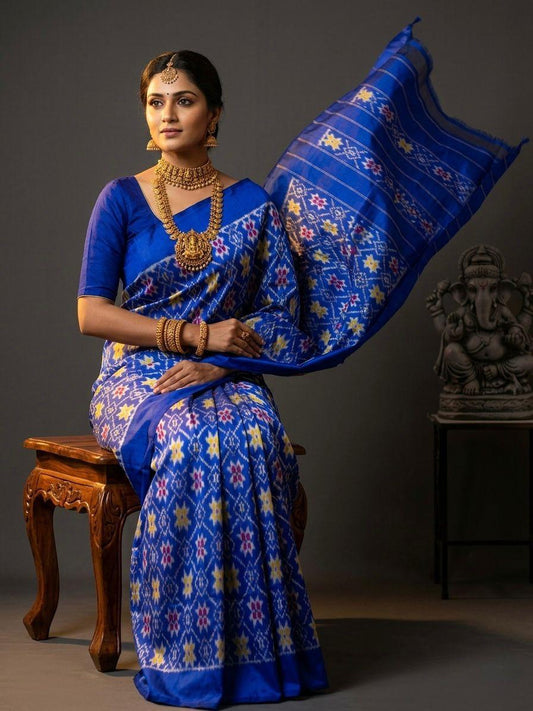 Royal Blue Barista Soft Silks Saree with Multicolor Ethnic Weaving | Premium Collection